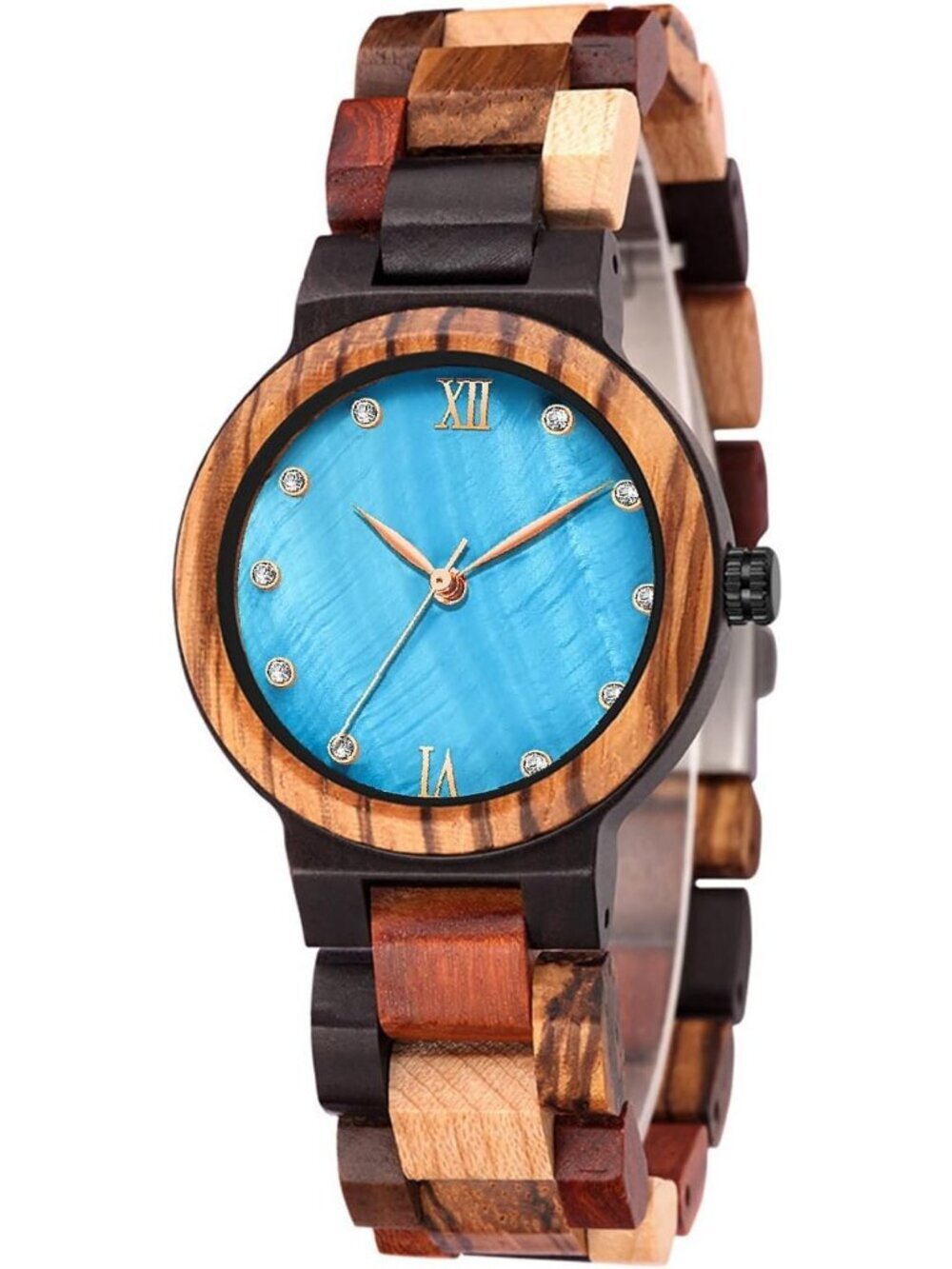 Women's Blue Analog Quartz Couples Colorful Bamboo Classic Design Wooden Watch